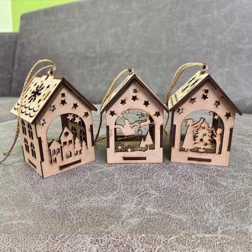 DEEP PRINT Wooden Christmas House Ornaments | Hanging Decoration Lanterns with Cut-Out Designs | Premium Pine MDF | LED Tea Light Candle Holder for Christmas Tree & Home Decor (Set of 3) - Image 1