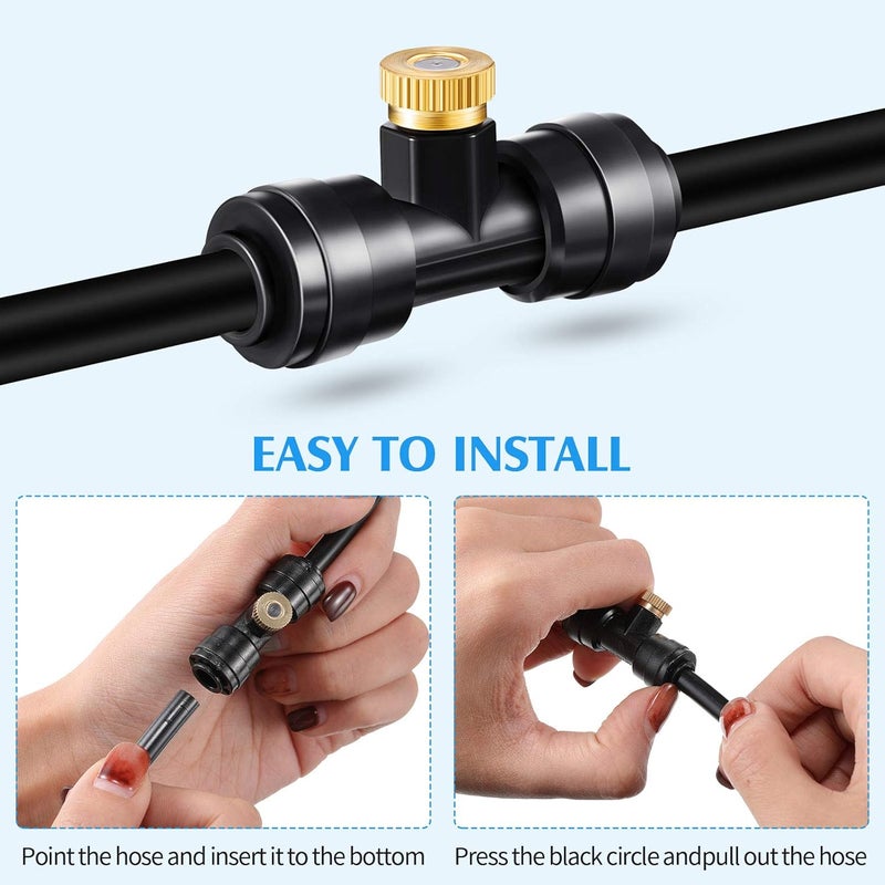 Ripeng Misting Nozzles Kit Include Water Misting Tees Thread 1/4 Inch and Brass Orifice Nozzle with Black Plug for Outdoor Spray Cooling System(48 Pieces) - Image 3