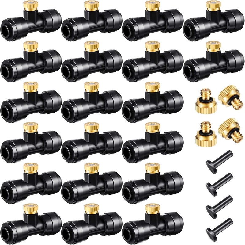 Ripeng Misting Nozzles Kit Include Water Misting Tees Thread 1/4 Inch and Brass Orifice Nozzle with Black Plug for Outdoor Spray Cooling System(48 Pieces) - Image 1