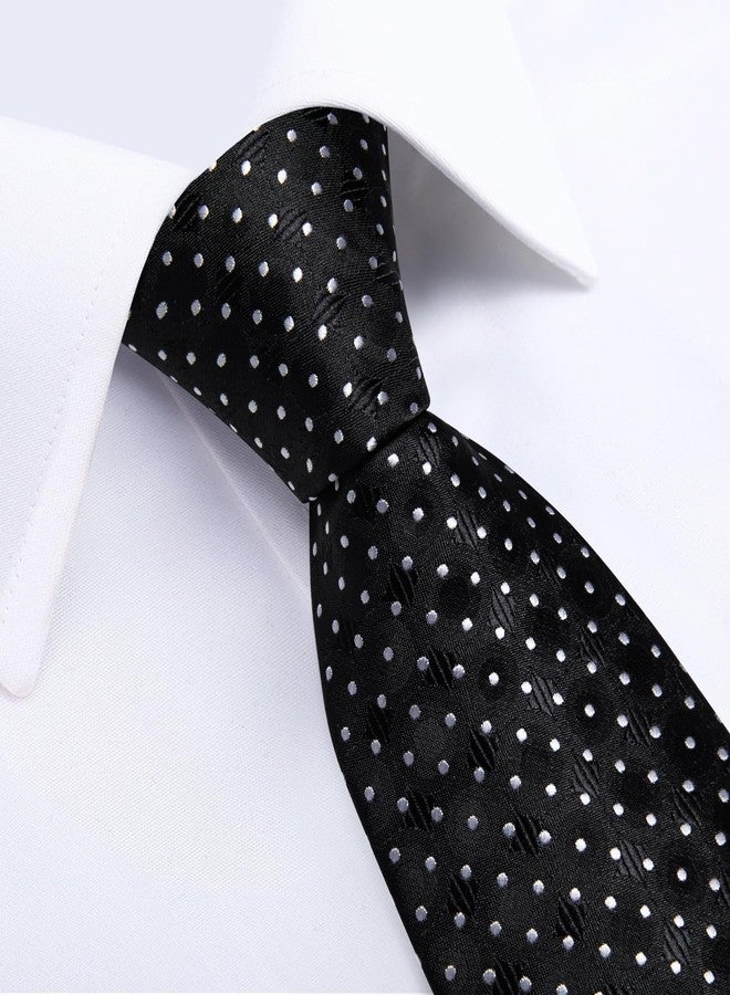 DiBanGu Mens Tie Silk Plaid Striped Necktie and Pocket Square Cufflinks Tie Clip Set with Gift Box Formal Wedding Party, Black White - Image 5