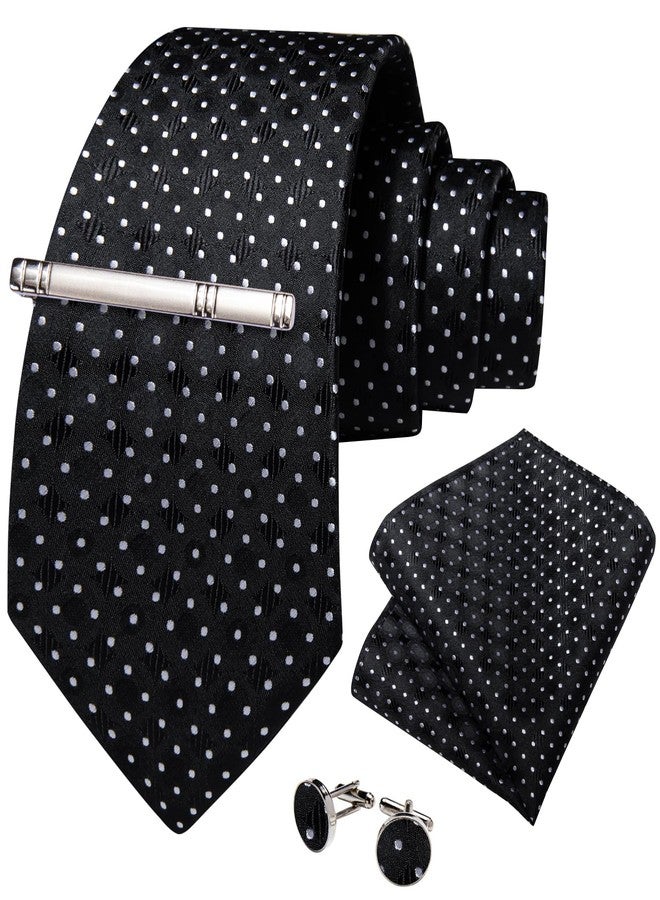 DiBanGu Mens Tie Silk Plaid Striped Necktie and Pocket Square Cufflinks Tie Clip Set with Gift Box Formal Wedding Party, Black White - Image 3