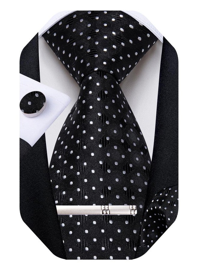 DiBanGu Mens Tie Silk Plaid Striped Necktie and Pocket Square Cufflinks Tie Clip Set with Gift Box Formal Wedding Party, Black White - Image 1