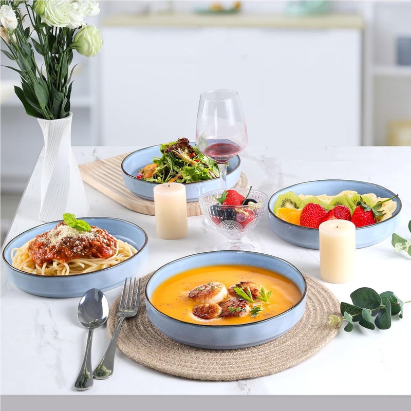 LIANYU Pasta Bowls Set of 4 825 Wide Shallow Salad Serving Plate Stoneware Ceramic Dinner Bowl Plates for Home Kitchen Microwave  Dishwasher Safe Serenity Blue - Image 4