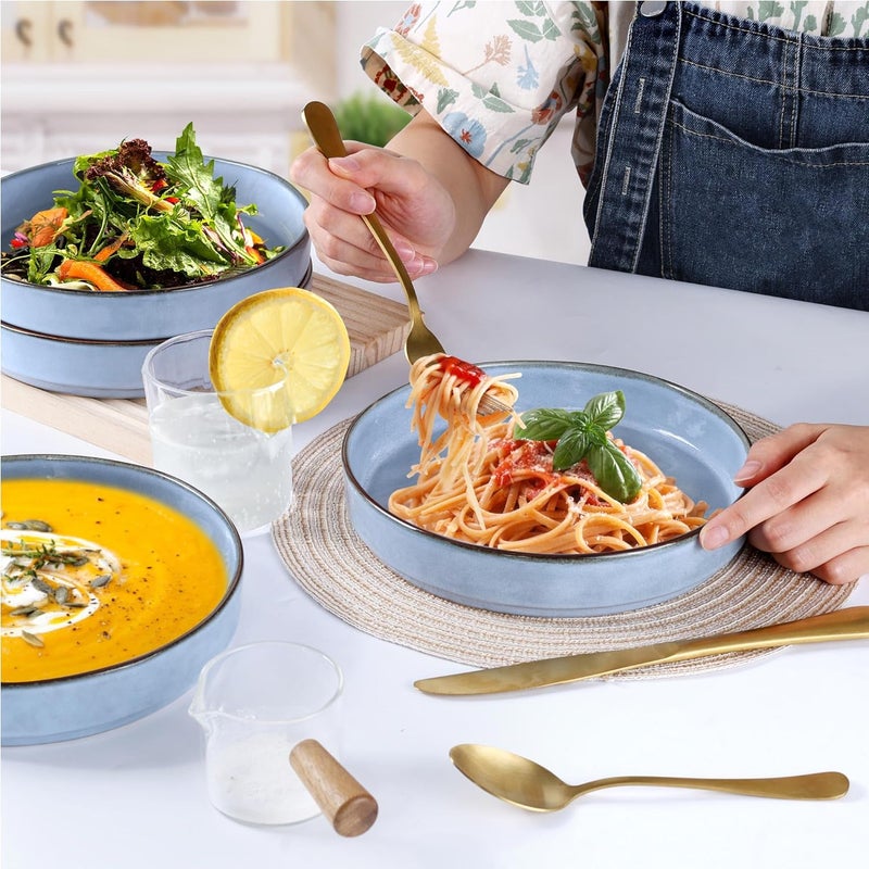 LIANYU Pasta Bowls Set of 4 825 Wide Shallow Salad Serving Plate Stoneware Ceramic Dinner Bowl Plates for Home Kitchen Microwave  Dishwasher Safe Serenity Blue - Image 5
