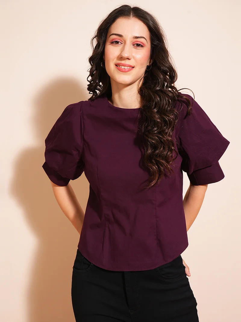 globus Women Puff Sleeve Round Neck Shirt Style Workwear Top With Back Button