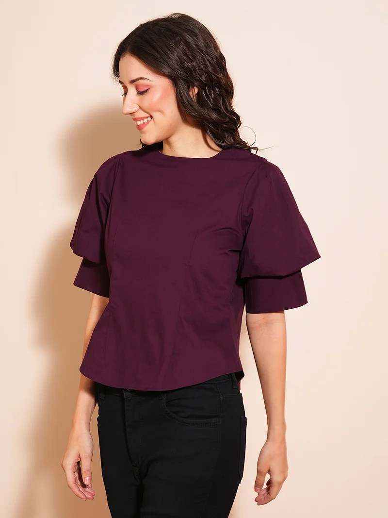 globus Women Puff Sleeve Round Neck Shirt Style Workwear Top With Back Button