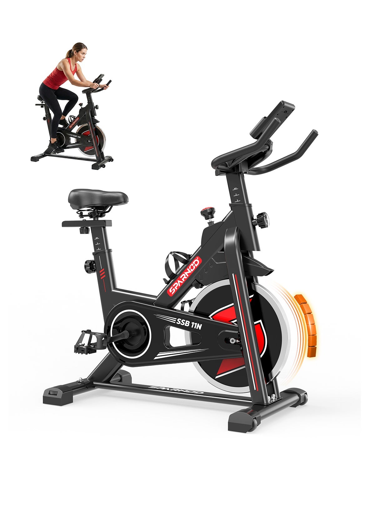Sparnod Fitness SSB-11N Spinning Bike for Home Use, Heavy-Duty Chrome Flywheel 11kg, Silent Belt Drive, 4-Way Adjustable Seat, LCD Monitor, Adjustable Resistance with Emergency Brake, 125kg Capacity