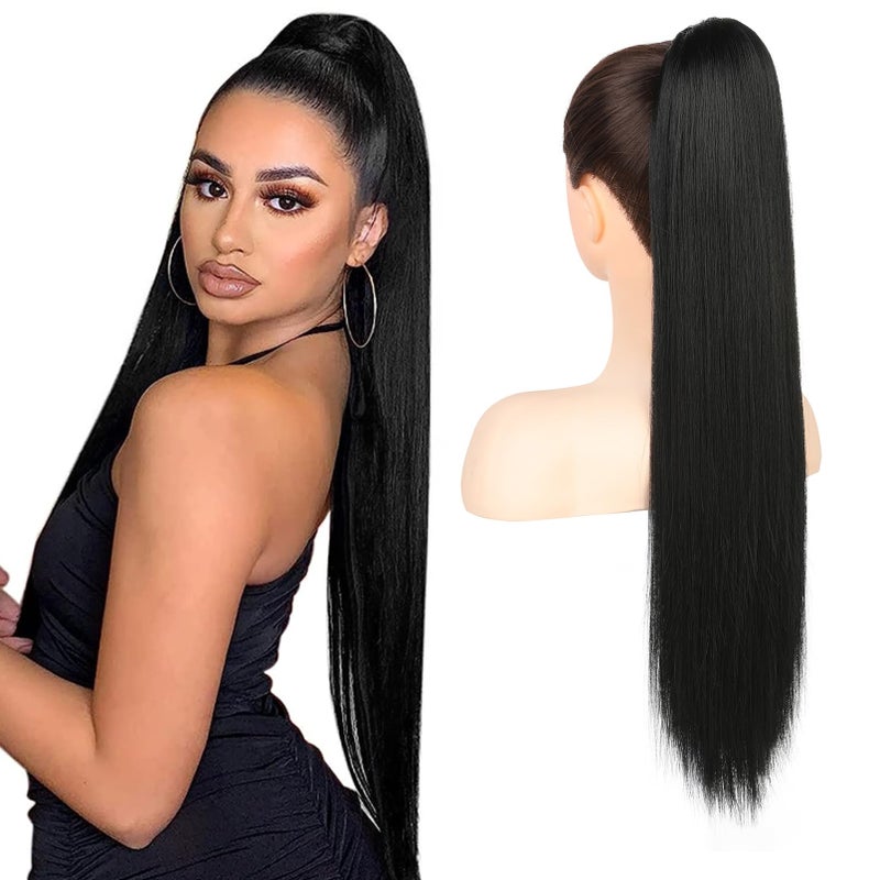 FLUFYMOOZ ponytail extension 26 Inch Long Straight Drawstring Ponytail Synthetic Hairpieces Fake Pony Tails Natural Soft Clip in Hair Extension ponytail for Women Natural Black