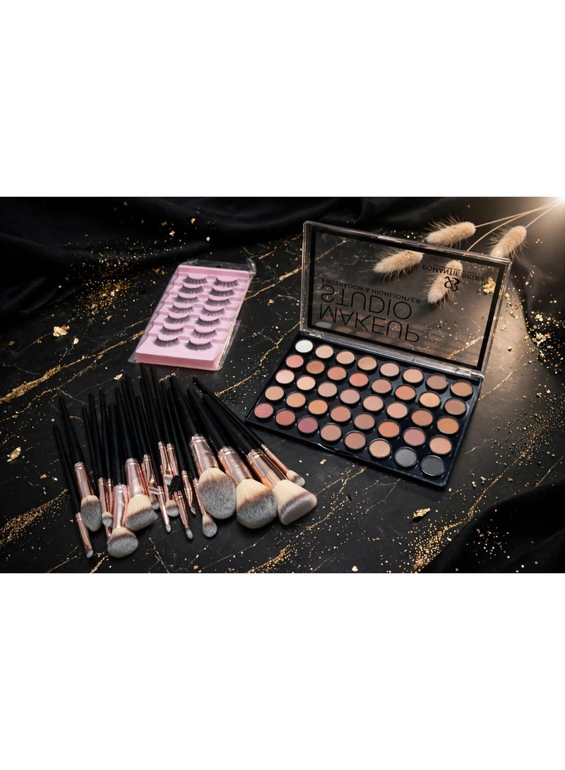 طقم فرش 20 قطعة - Black & Rose+باليت آيشادو 35 لون MAKEUP STUDIO:+بوكس رموش 7 أزواج طبيعية: - Image 3