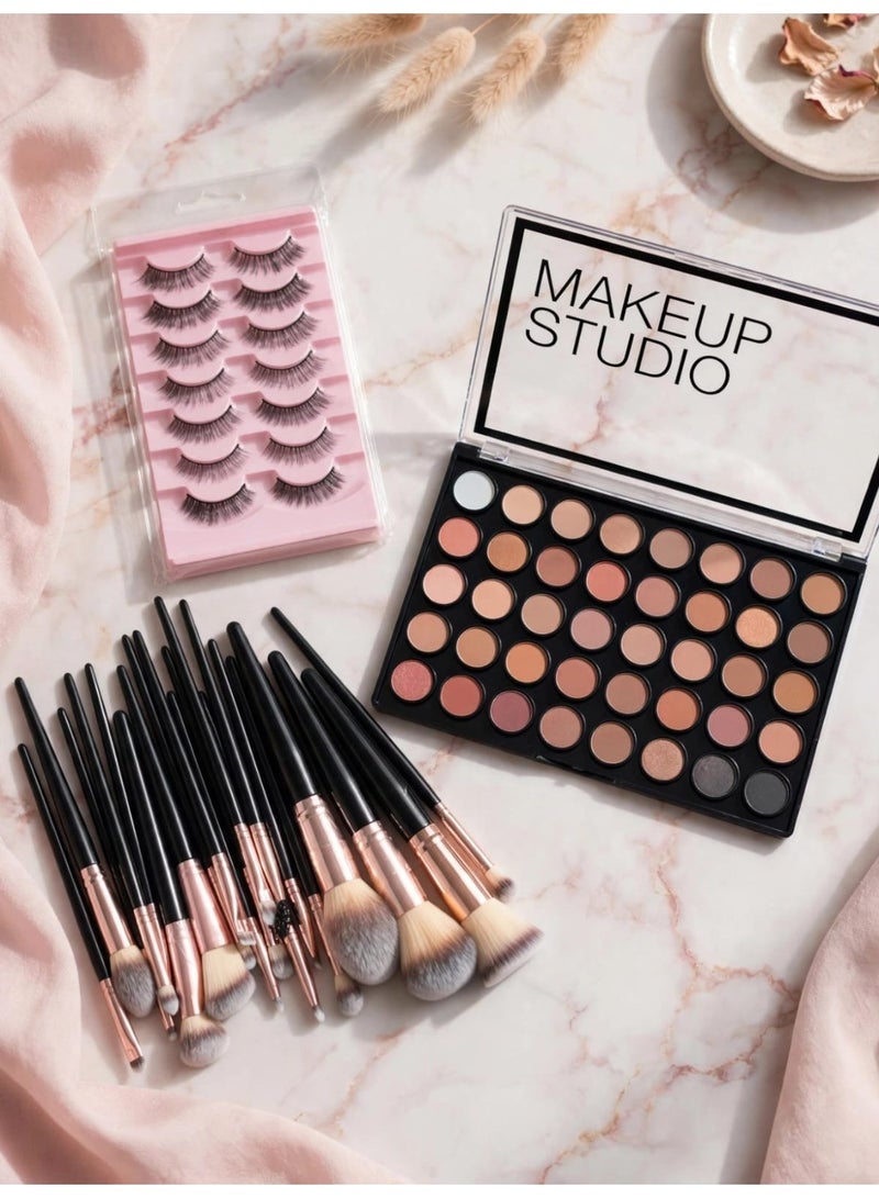 طقم فرش 20 قطعة - Black & Rose+باليت آيشادو 35 لون MAKEUP STUDIO:+بوكس رموش 7 أزواج طبيعية: - Image 1