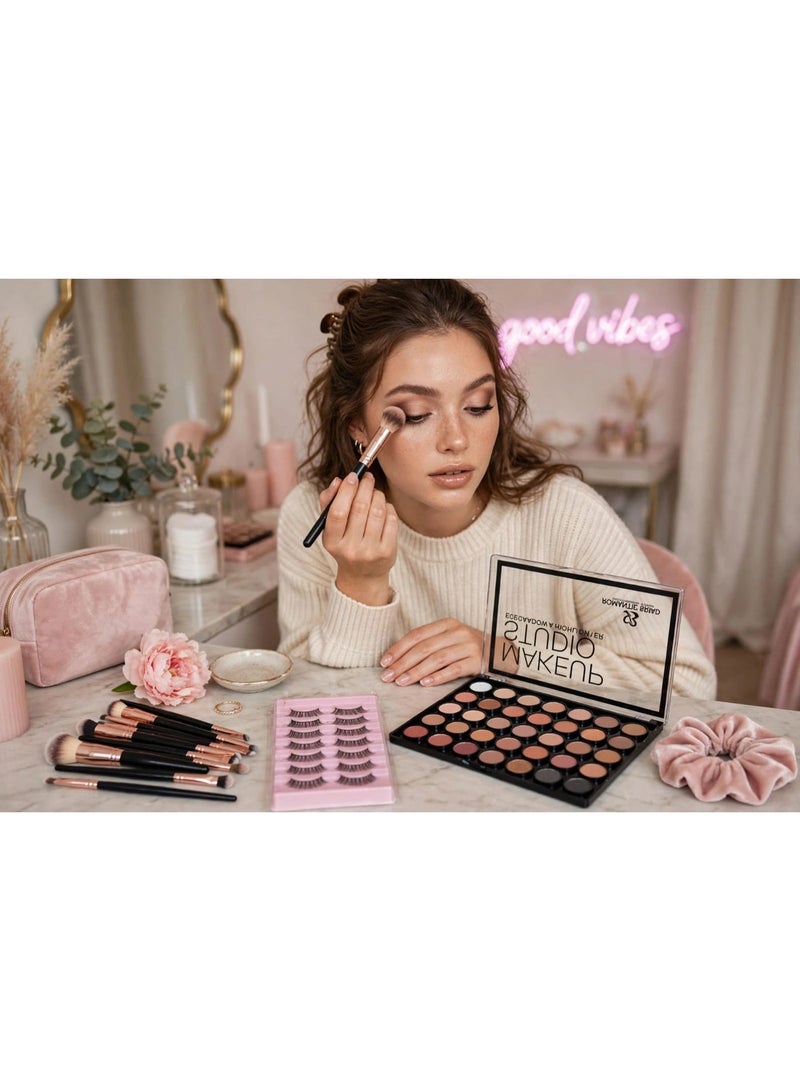 طقم فرش 20 قطعة - Black & Rose+باليت آيشادو 35 لون MAKEUP STUDIO:+بوكس رموش 7 أزواج طبيعية: - Image 2