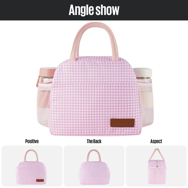 douyadady Lunch Bag Women/Men Lunch Box Women/Men (Pink+White Grid) - Image 5