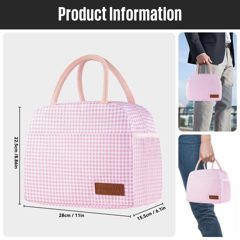 douyadady Lunch Bag Women/Men Lunch Box Women/Men (Pink+White Grid) - Image 2