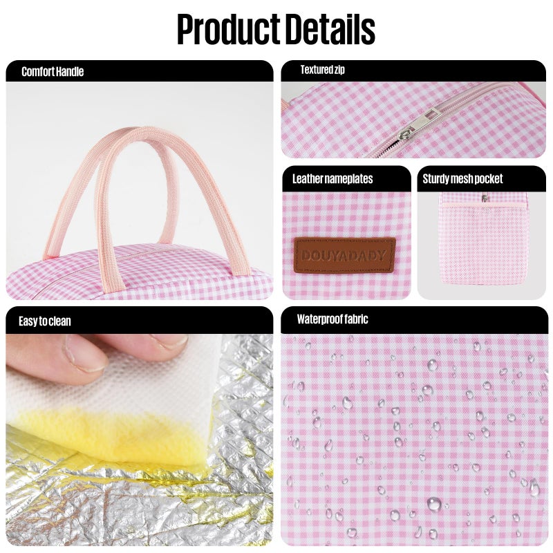 douyadady Lunch Bag Women/Men Lunch Box Women/Men (Pink+White Grid) - Image 4