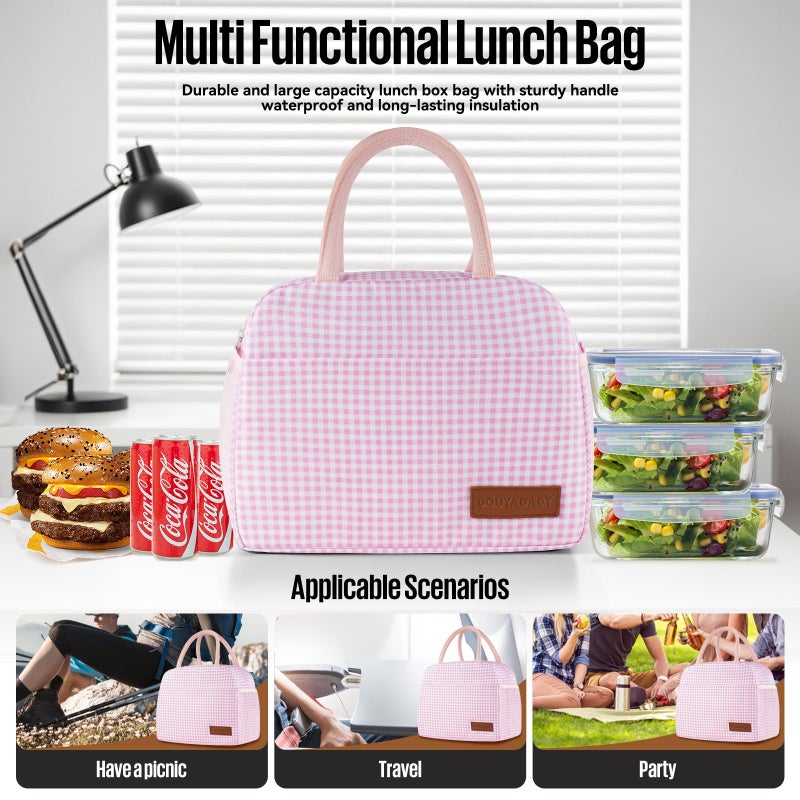 douyadady Lunch Bag Women/Men Lunch Box Women/Men (Pink+White Grid) - Image 3