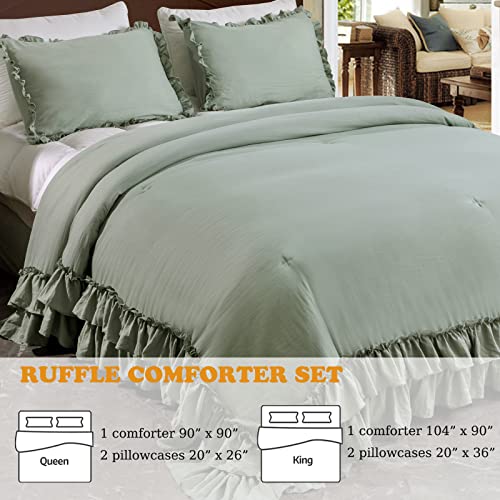Masaca Green Ruffle Comforter Set Queen,Vintage Farmhouse Shabby Ruffled Chic Bedding Comforter,Rustic Aesthetic Bedding 3 Pieces Women Girls Bedroom Vintage Bed Comforter - Image 2