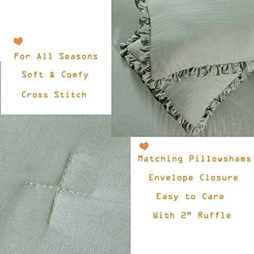 Masaca Green Ruffle Comforter Set Queen,Vintage Farmhouse Shabby Ruffled Chic Bedding Comforter,Rustic Aesthetic Bedding 3 Pieces Women Girls Bedroom Vintage Bed Comforter - Image 5