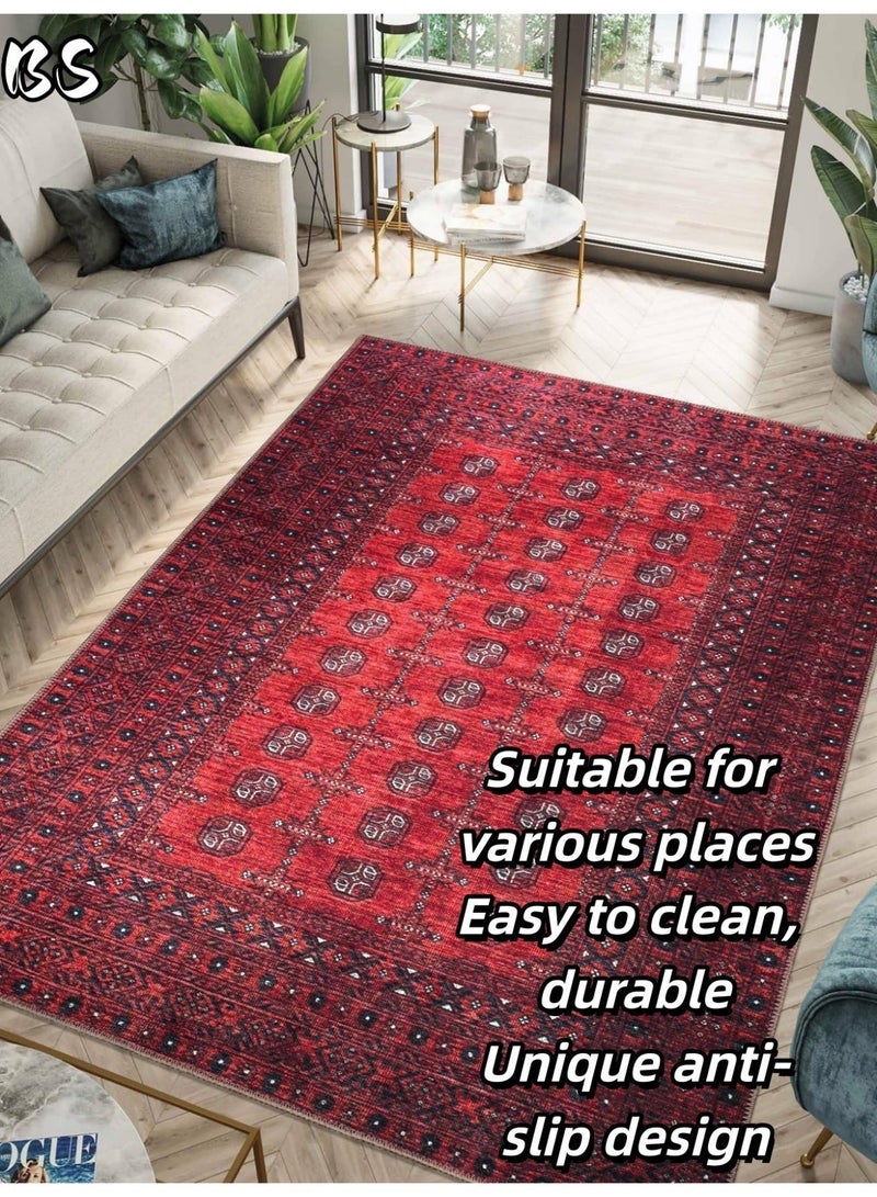 BS 140x200cm Bohemian Vintage Style Indoor Living Room/Outdoor Camping Blanket | Washable, Durable, Non-Slip Rug | Short Pile Indoor Carpet | Vibrant Colors | Exquisite Pattern | Soft Short Pile | Perfect for Camping, Patio, Living Room, Bedroom, Dining Room, Kitchen and Entryway. - Image 1