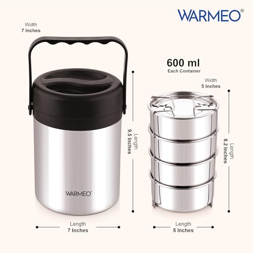 WARMEO Legend 4 Pcs Stainless Steel Containers 600 ml Each, PU Insulated, Hot & Cold Leak-Proof Lunch Box for Office, College, Picnic - Image 2