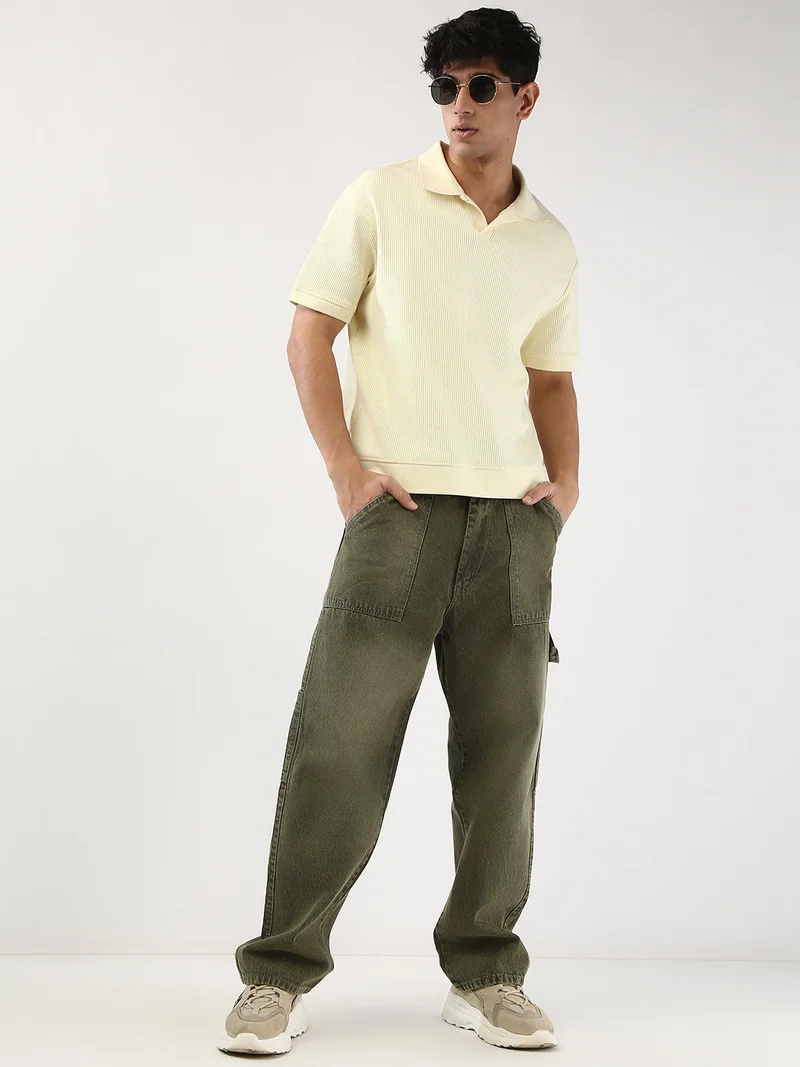 Urbano Fashion  Urbano Fashion Men's Olive Loose Baggy Fit Cargo Carpenter Jeans with 6 Pockets Non-Stretchable  | Best Price UAE