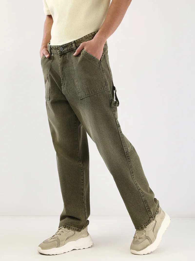 Urbano Fashion  Urbano Fashion Men's Olive Loose Baggy Fit Cargo Carpenter Jeans with 6 Pockets Non-Stretchable  | Best Price UAE