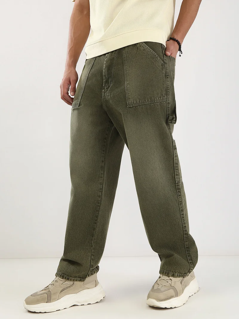 Urbano Fashion Men's Olive Loose Baggy Fit Cargo Carpenter Jeans with 6 Pockets Non-Stretchable