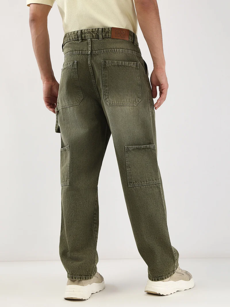 Urbano Fashion  Urbano Fashion Men's Olive Loose Baggy Fit Cargo Carpenter Jeans with 6 Pockets Non-Stretchable  | Best Price UAE