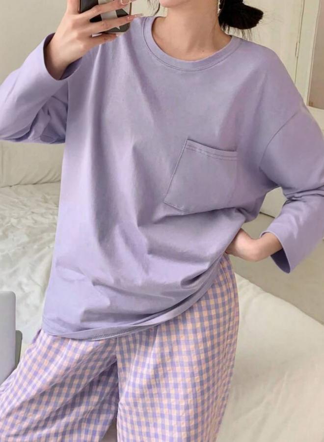 Take Two Purple Pocket Detail Long Sleeve Top and Checked Pyjama Set - Image 5