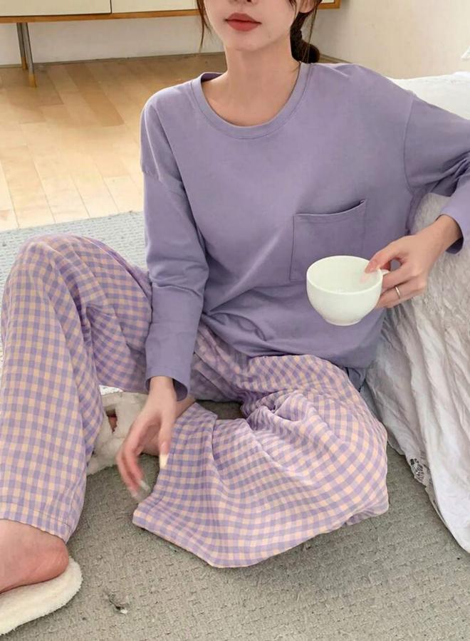 Take Two Purple Pocket Detail Long Sleeve Top and Checked Pyjama Set - Image 4