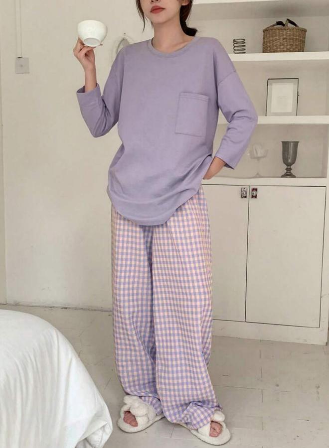 Take Two Purple Pocket Detail Long Sleeve Top and Checked Pyjama Set - Image 3