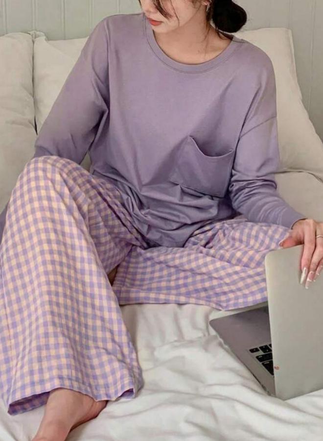 Take Two Purple Pocket Detail Long Sleeve Top and Checked Pyjama Set - Image 1