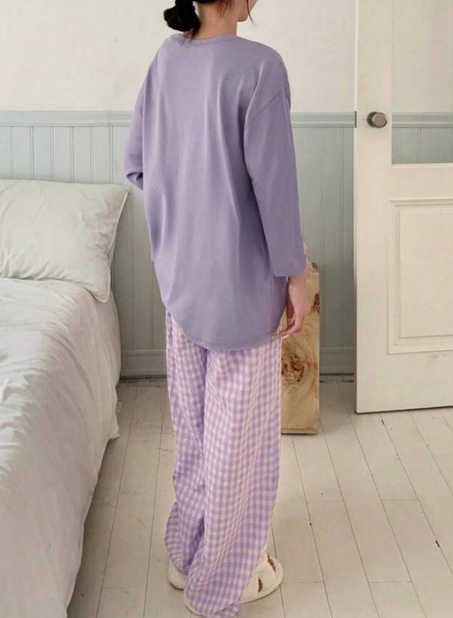Take Two Purple Pocket Detail Long Sleeve Top and Checked Pyjama Set - Image 2