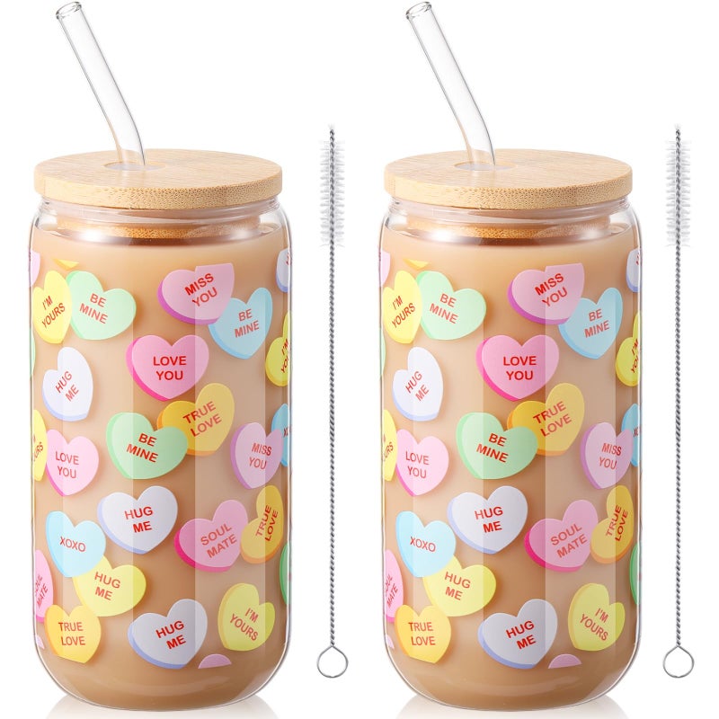 Sliner 2 Pcs Valentine's Day Cups Conversation Heart Glass Tumbler with Lid Straw Gifts 16 oz Iced Coffee Cup Drinking Glasses Holiday Cute Beer Can Tumbler for Home Office Decorations - Image 1