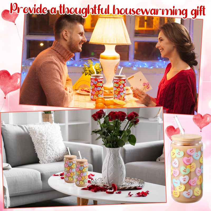 Sliner 2 Pcs Valentine's Day Cups Conversation Heart Glass Tumbler with Lid Straw Gifts 16 oz Iced Coffee Cup Drinking Glasses Holiday Cute Beer Can Tumbler for Home Office Decorations - Image 5