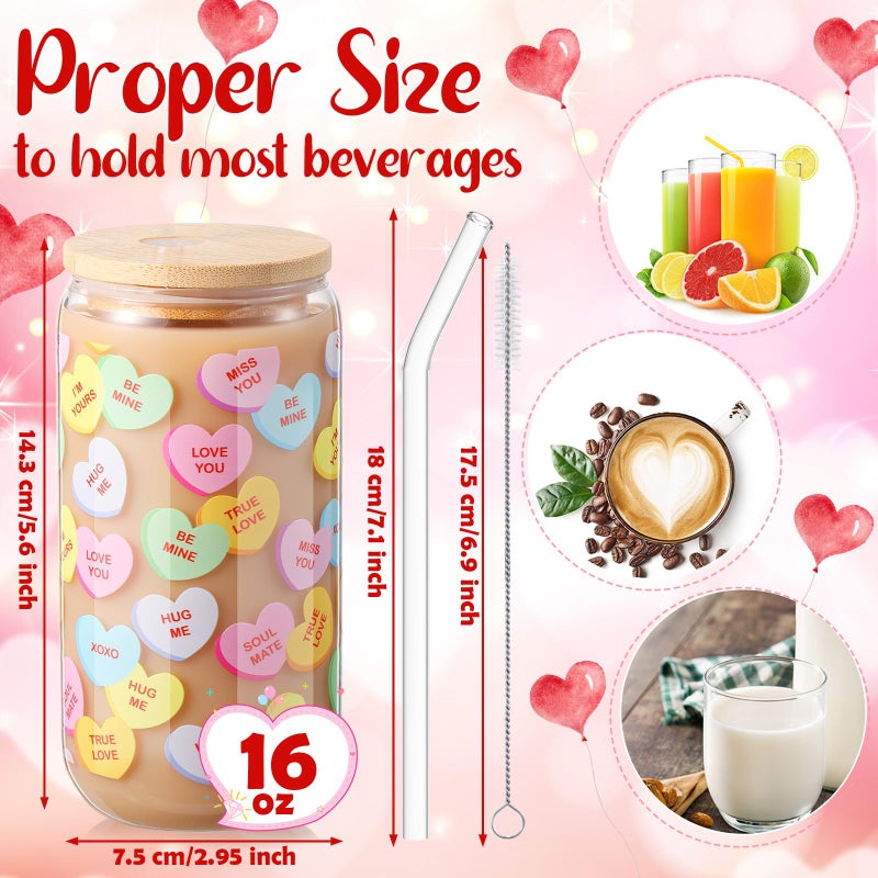 Sliner 2 Pcs Valentine's Day Cups Conversation Heart Glass Tumbler with Lid Straw Gifts 16 oz Iced Coffee Cup Drinking Glasses Holiday Cute Beer Can Tumbler for Home Office Decorations - Image 2