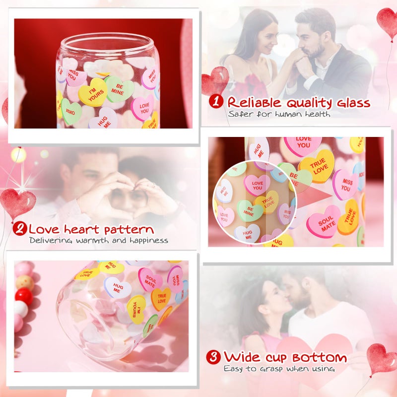 Sliner 2 Pcs Valentine's Day Cups Conversation Heart Glass Tumbler with Lid Straw Gifts 16 oz Iced Coffee Cup Drinking Glasses Holiday Cute Beer Can Tumbler for Home Office Decorations - Image 4