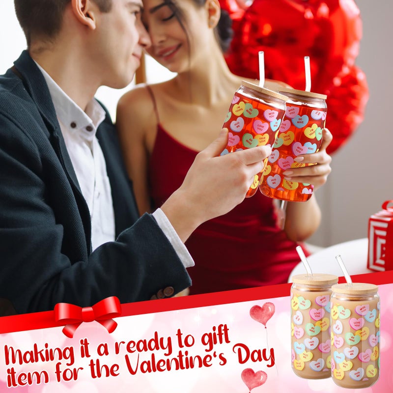 Sliner 2 Pcs Valentine's Day Cups Conversation Heart Glass Tumbler with Lid Straw Gifts 16 oz Iced Coffee Cup Drinking Glasses Holiday Cute Beer Can Tumbler for Home Office Decorations - Image 3