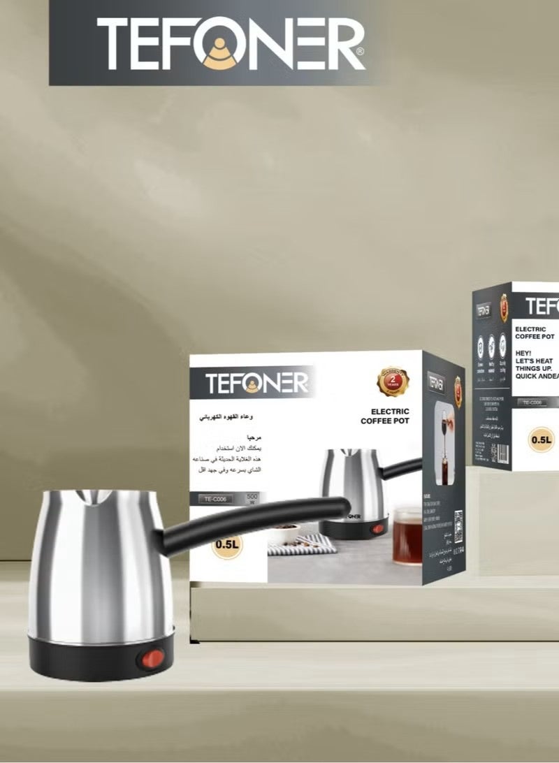 TEFONER Turkish Coffee Pot with 500ml capacity made of stainless steel. 500W Turkish coffee machine with fast heating performance and safe operation. Easy-to-use and multi-purpose Turkish coffee maker, perfect for preparing rich and flavorful Turkish coffee quickly and conveniently. - Image 1