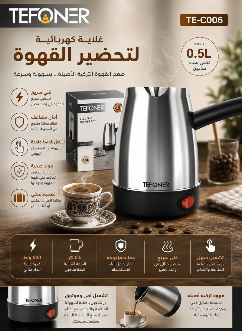 TEFONER Turkish Coffee Pot with 500ml capacity made of stainless steel. 500W Turkish coffee machine with fast heating performance and safe operation. Easy-to-use and multi-purpose Turkish coffee maker, perfect for preparing rich and flavorful Turkish coffee quickly and conveniently. - Image 3