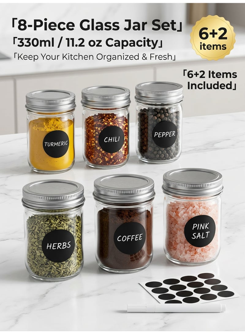 nihao 330ml Glass Jars with Lids, Set of 6 + Accessories - Airtight Food Storage Containers for Spices, Herbs & Dry Goods - Image 1
