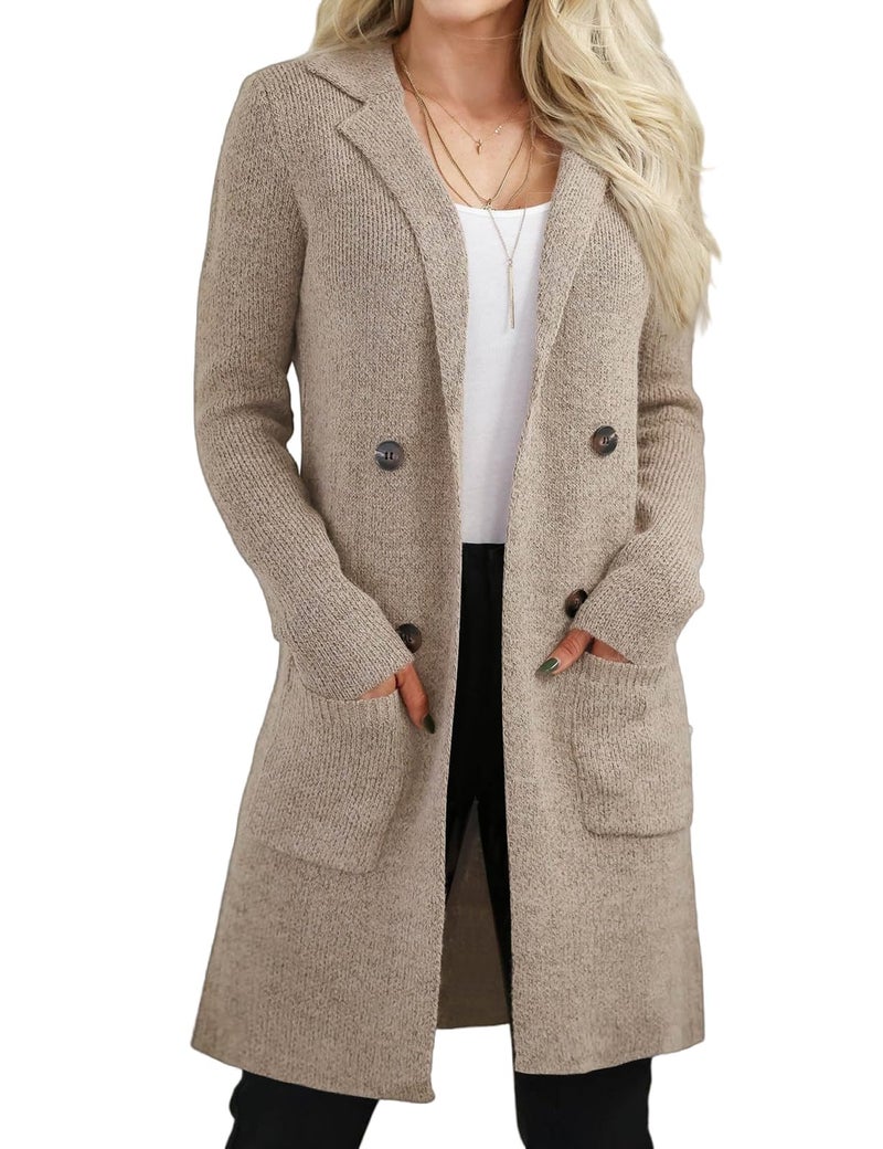 CiCiBird Women's Fall Long Cardigan Sweater Open Front Knit Coats Trendy Casual Jacket Coatigan with Pockets Apricot L - Image 1