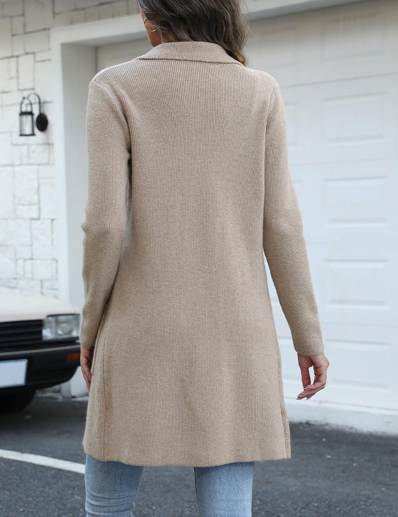 CiCiBird Women's Fall Long Cardigan Sweater Open Front Knit Coats Trendy Casual Jacket Coatigan with Pockets Apricot L - Image 2