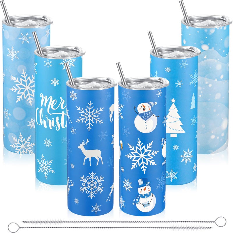 Sliner 6 Pcs Christmas Skinny Tumblers Set 20 oz Christmas Stainless Steel Travel Coffee Mug Holiday Insulated Water Tumbler with Lid and Straw Xmas Gift Set for Women Men Friends Family Winter