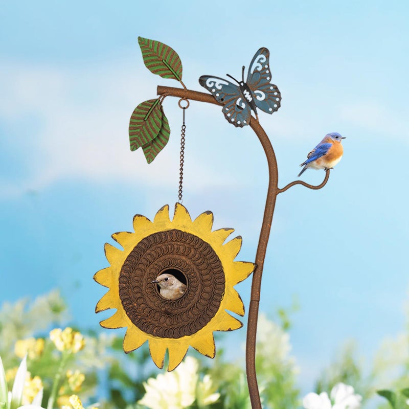 BAYN 57â€ Bird Houses Stake for Outside, Metal Wild Bird Feeder Birdhouse Stake Pole with Sunflower Design Outdoor Decorations for Patio, Backyard, Garden - Image 2