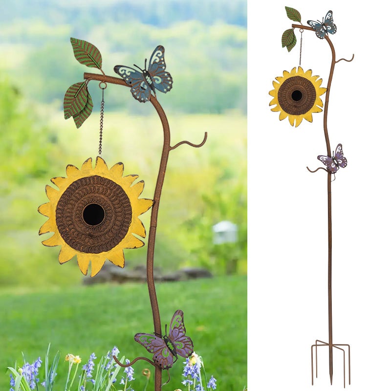 BAYN 57â€ Bird Houses Stake for Outside, Metal Wild Bird Feeder Birdhouse Stake Pole with Sunflower Design Outdoor Decorations for Patio, Backyard, Garden - Image 1
