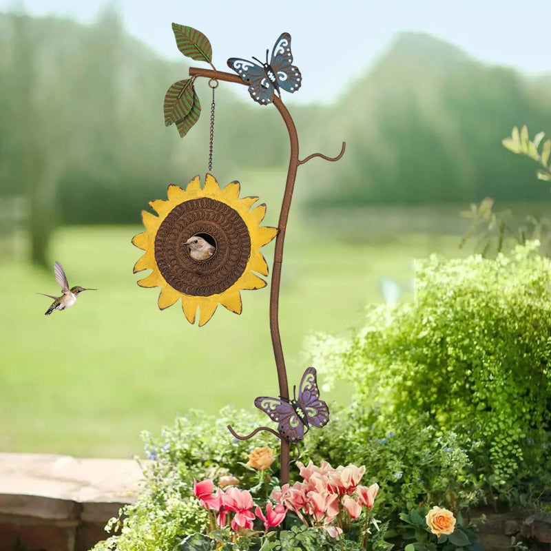 BAYN 57â€ Bird Houses Stake for Outside, Metal Wild Bird Feeder Birdhouse Stake Pole with Sunflower Design Outdoor Decorations for Patio, Backyard, Garden - Image 3