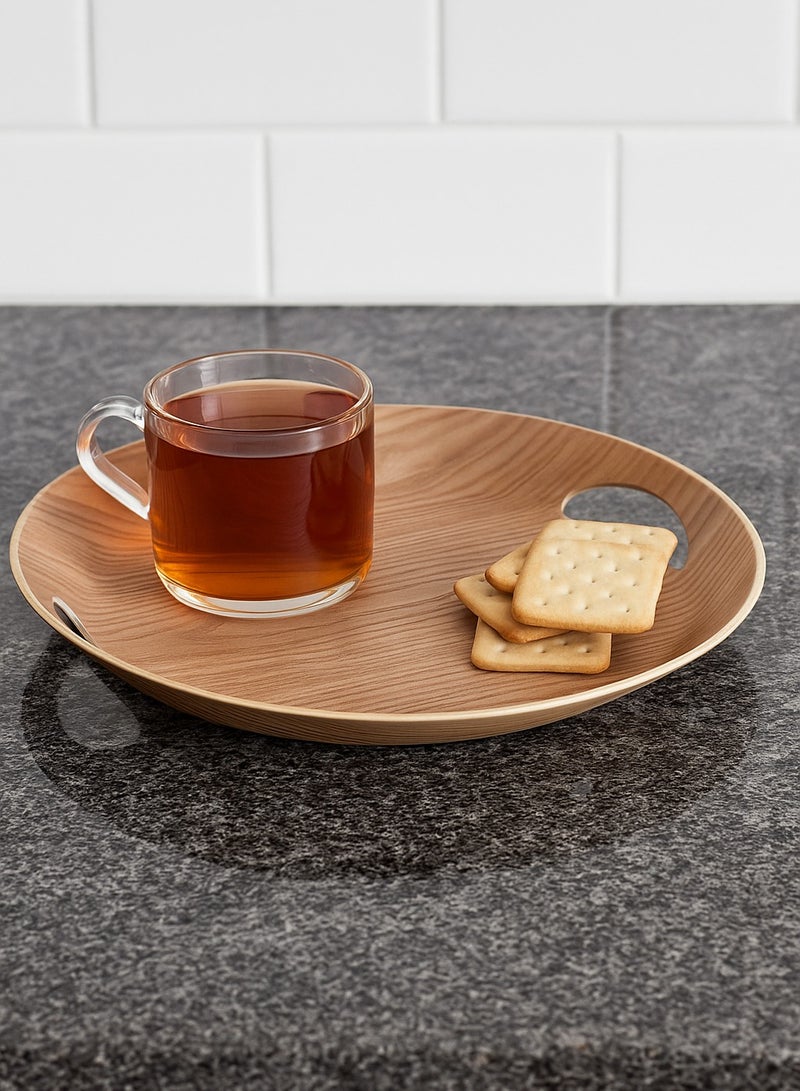 zoba Round serving tray with wood pattern - side handles - lightweight design - Image 2