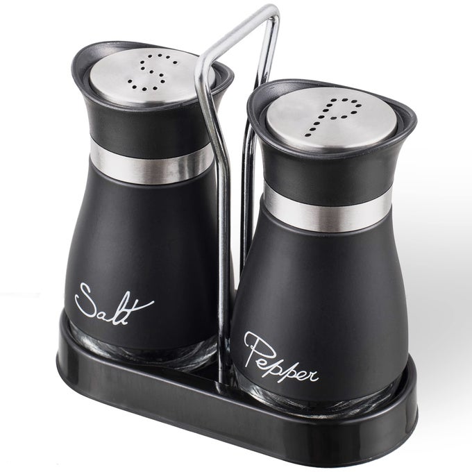 SALT AND PEPPER SHAKERS SET STAINLESS STEEL WITH GLASS BOTTLE FOR TABLE RV CAMP BBQ SET OF 2 BLACK