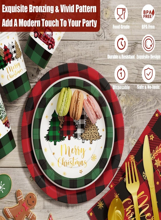 Qinline Christmas Party Decorations Supplies - 175 PCS Christmas Xmas Disposable Dinnerware Set(25 Guest) with Buffalo Plaid Truck Tree Paper Plates Napkin Cup Plastic Fork Knives Spoon for Holiday Decor - Image 5