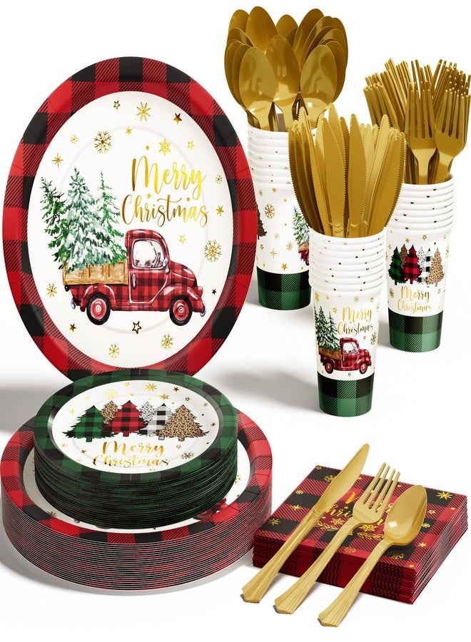 Qinline Christmas Party Decorations Supplies - 175 PCS Christmas Xmas Disposable Dinnerware Set(25 Guest) with Buffalo Plaid Truck Tree Paper Plates Napkin Cup Plastic Fork Knives Spoon for Holiday Decor - Image 1